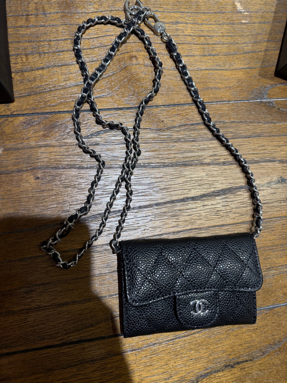Black Quilted Crossbody Wallet with Chain Strap